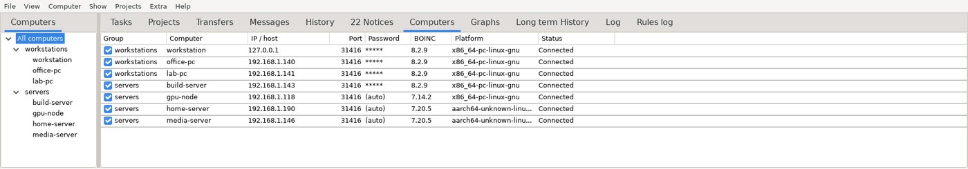 The Computers tab listing seven configured BOINC clients, all connected