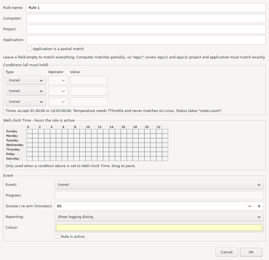 The rule editor: match fields, three conditions, a weekly grid and the event to fire
